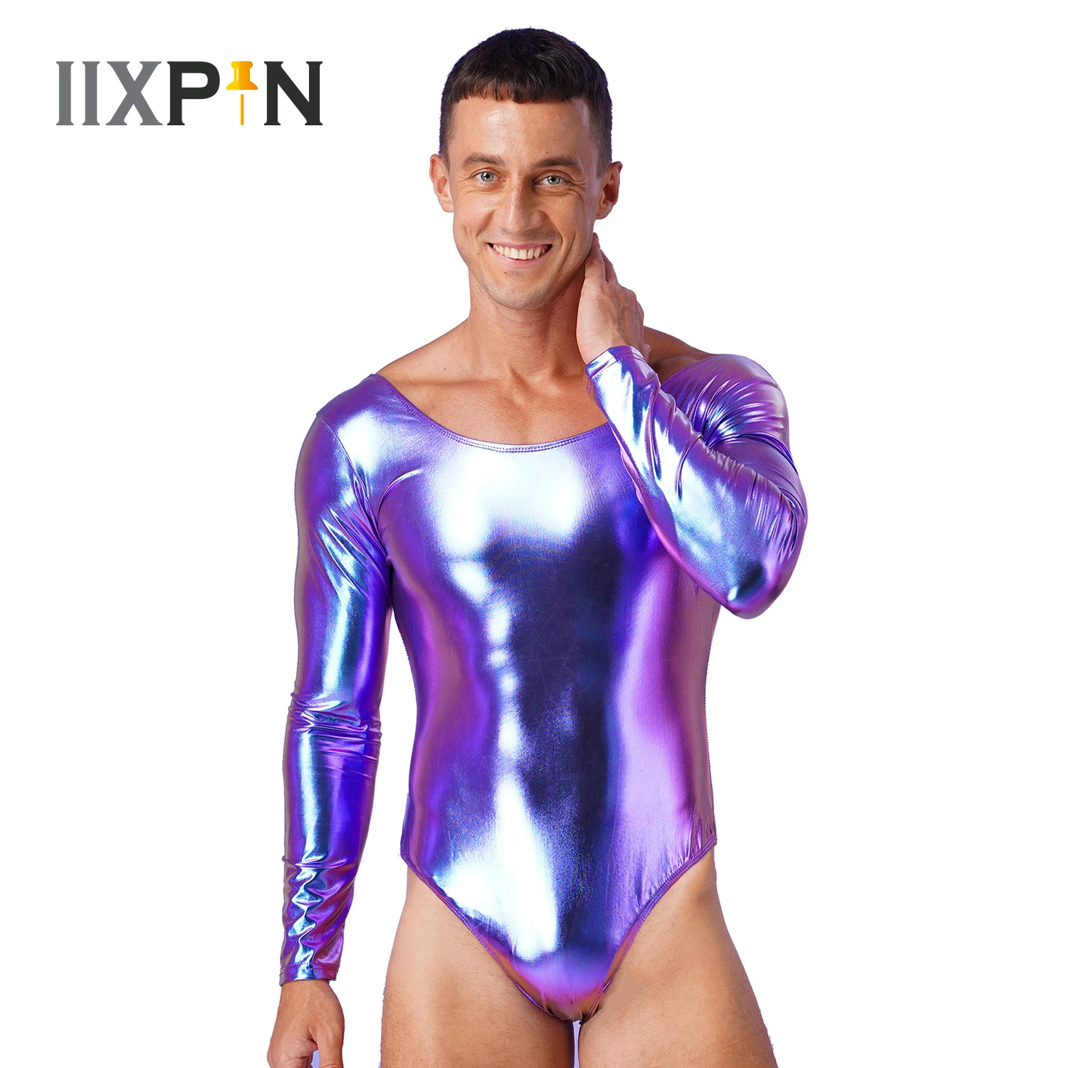 Mens Shiny Patent Leather Long Sleeves Bodysuit One-piece Monokini Bodycon Leotard Ballet Gymnastics Stage Performance Dancewear