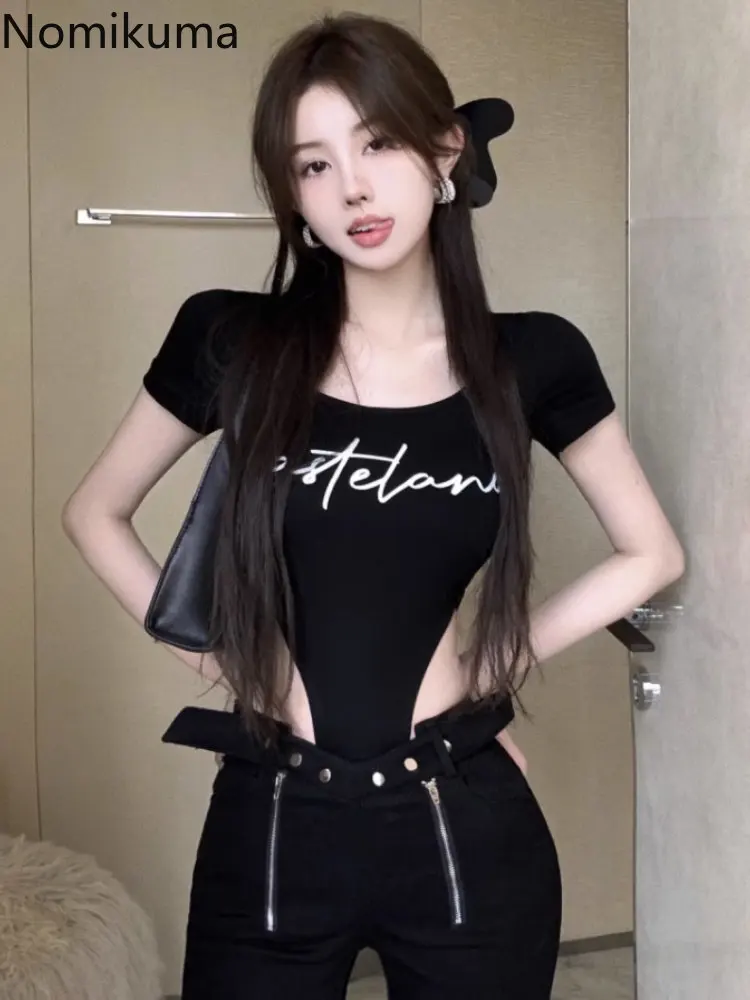 Sexy Crop Top Moda Donna Magliette Casual Estate Tees 2023 Ropa Mujer Nero Un Pezzo T-Shirt Bareback Harajuku Y2K Magliette