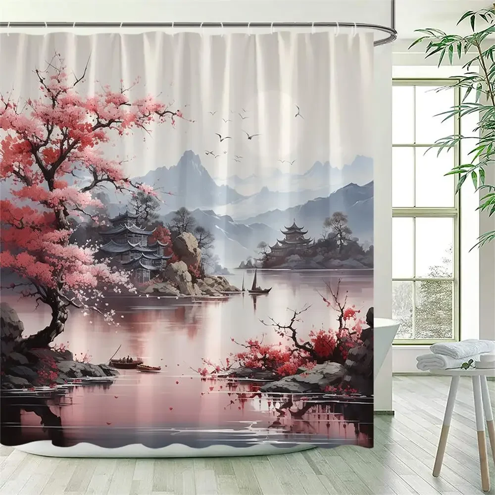 Japanese Style Shower Curtains Green Bamboo Koi Carp Tropical Cactus Mountain Water Landscape Fabric Bathroom Decor with Hooks 4