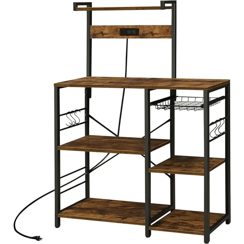 

Coffee Bar with Wire Basket, Kitchen Storage Rack with 6 S-Hooks, Kitchen Shelves for Spices, Pots and Pans - Rustic Brown