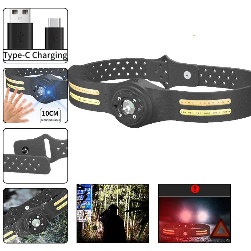 

COB Headlight Flashlight with Built-in Battery USB Rechargable Induction Adjustable Headlamp Head Light