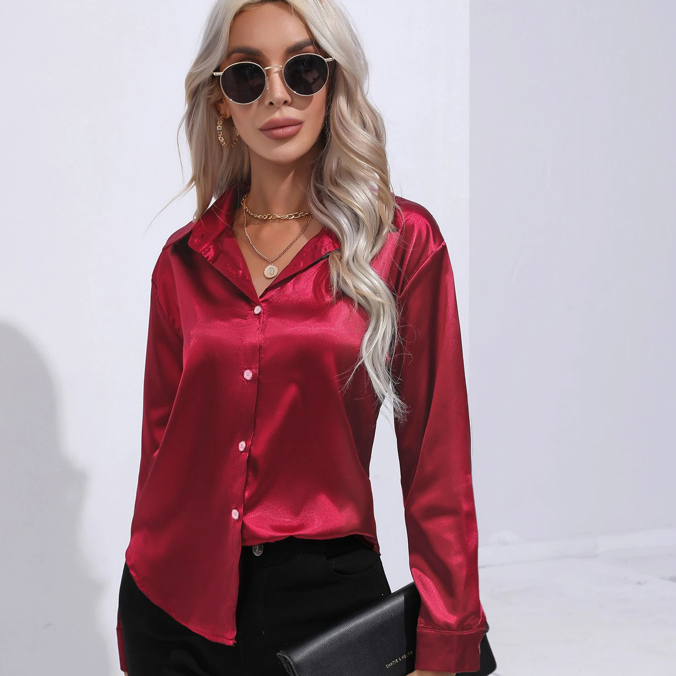 Retro Trend Office Lady Casual Basic Shirt Autumn All-Match Elegant Satin Shirt Loose Top Multi-Color Dance Party Women Shirt