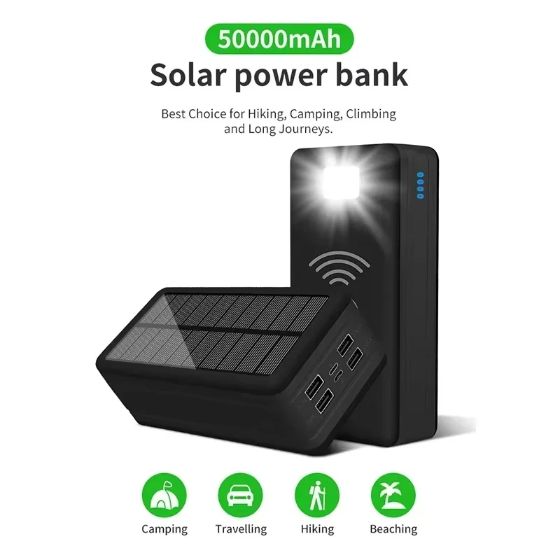 100000mAh 120W Solar Power Bank 4USB Large Capacity External Battery Mobile Phone Wireless Fast Charging Mobile Phone Accessory 4