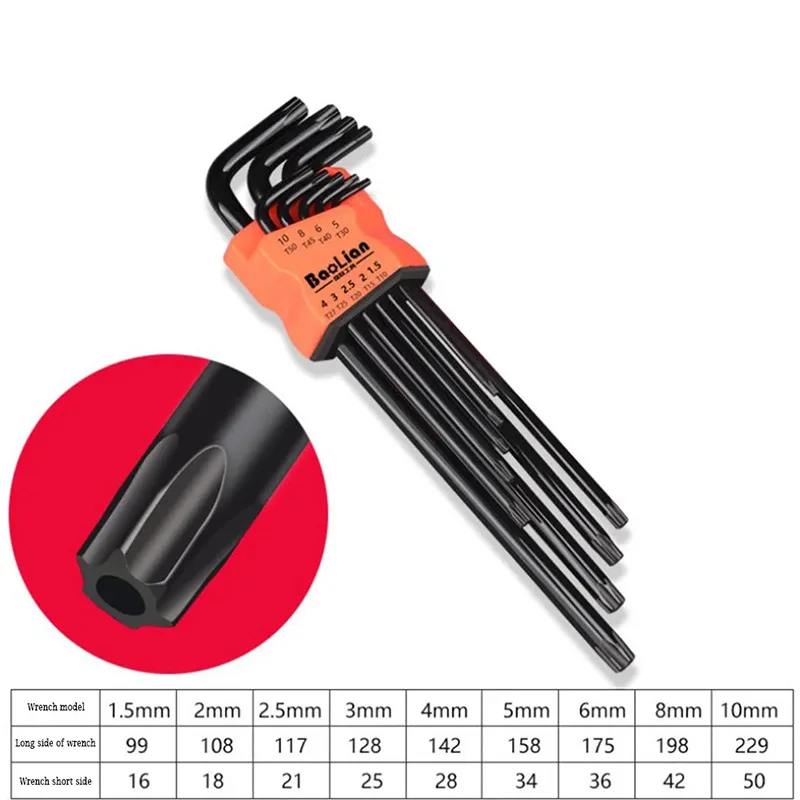 9Pcs Hex Wrench Set Allen Wrench Allen Screwdriver Tool Square Torx Inner Hexagonal Long Ball End L Key 1.5-10mm
