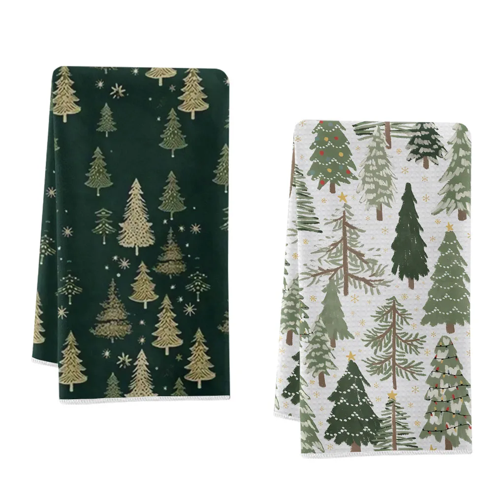 2-Pack Christmas Tree Print Household Cleaning Cloths Scouring Pads Dish Towels Tea Towels and Placemats for Washing and Drying Household Items Soft Absorbent Drying Cloth Lint-Free Non-Fading Reusable christmas cleaning cloth set