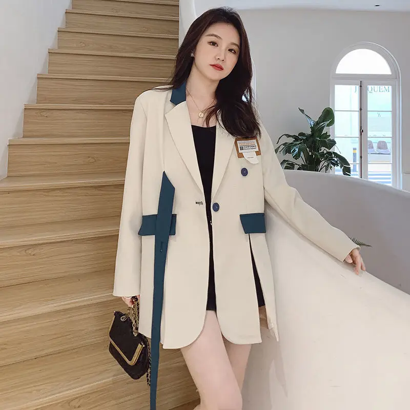 Women's Spliced Lace-up Suit Jacket Long Sleeve Top Korean Fashion Office Lady Designer Coat High Quality Grace Spring Autumn