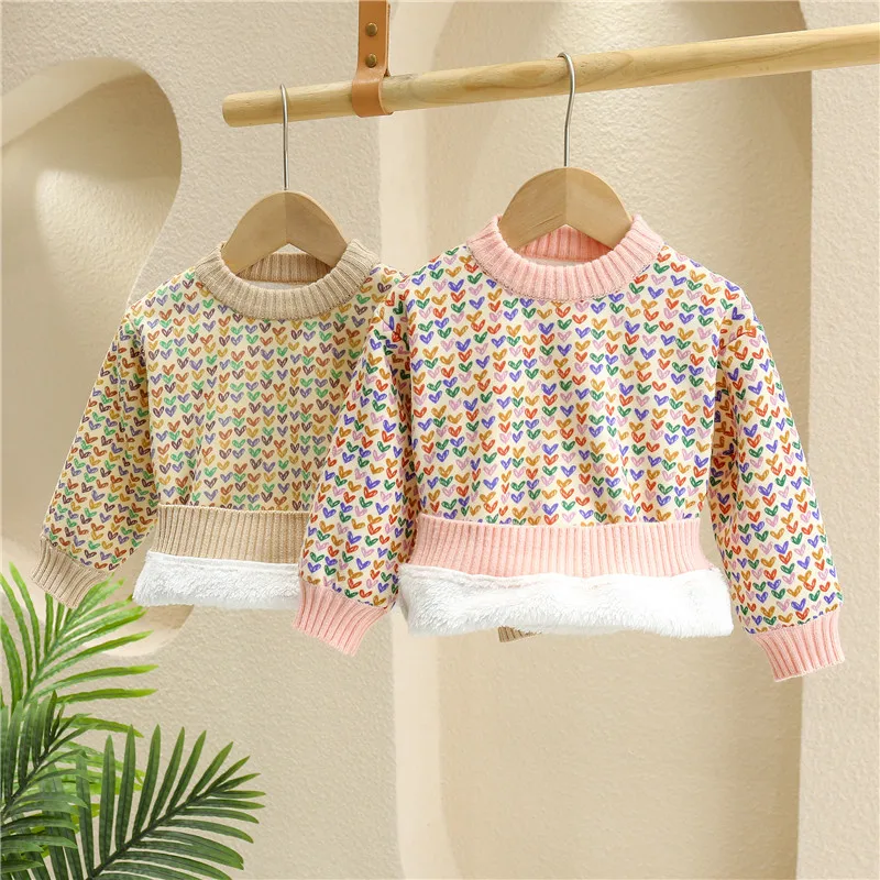 

Girls' autumn and winter plus velvet thick sweater style, children's baby western-style knitted sweater, children's base coat, o