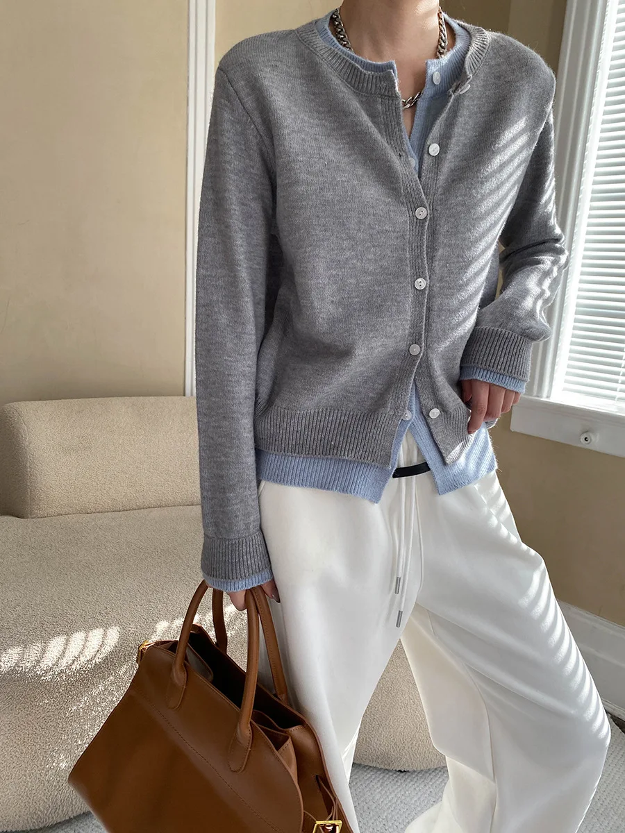 Spring and Autumn Women's Casual Solid Color Round Neck Long Sleeve Cardigan Fake Two Piece Sweater – Detail 12