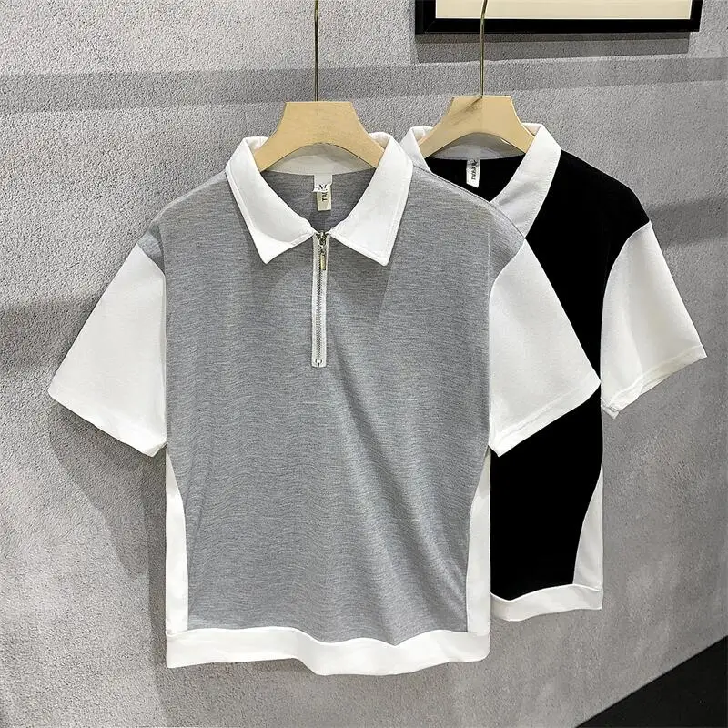 남성용 패치워크 반팔 폴로 셔츠, 캐주얼 탑 골프웨어, 대비 색상, Q45, 2024 여름 신상 