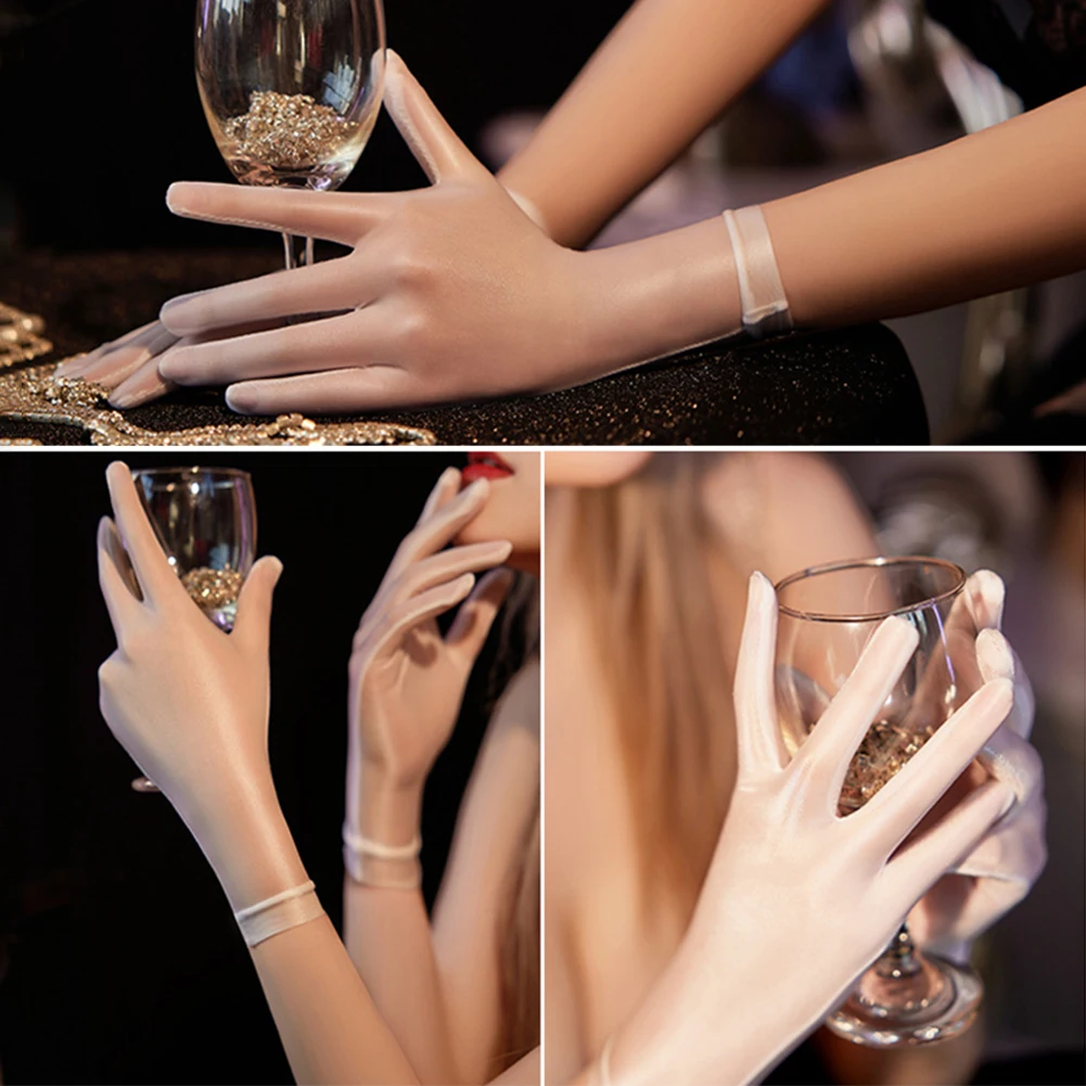 Gants Longs Femme Transparents Brillants Noirs - Nylon, Taille Unique - Neuf Avec étiquettes