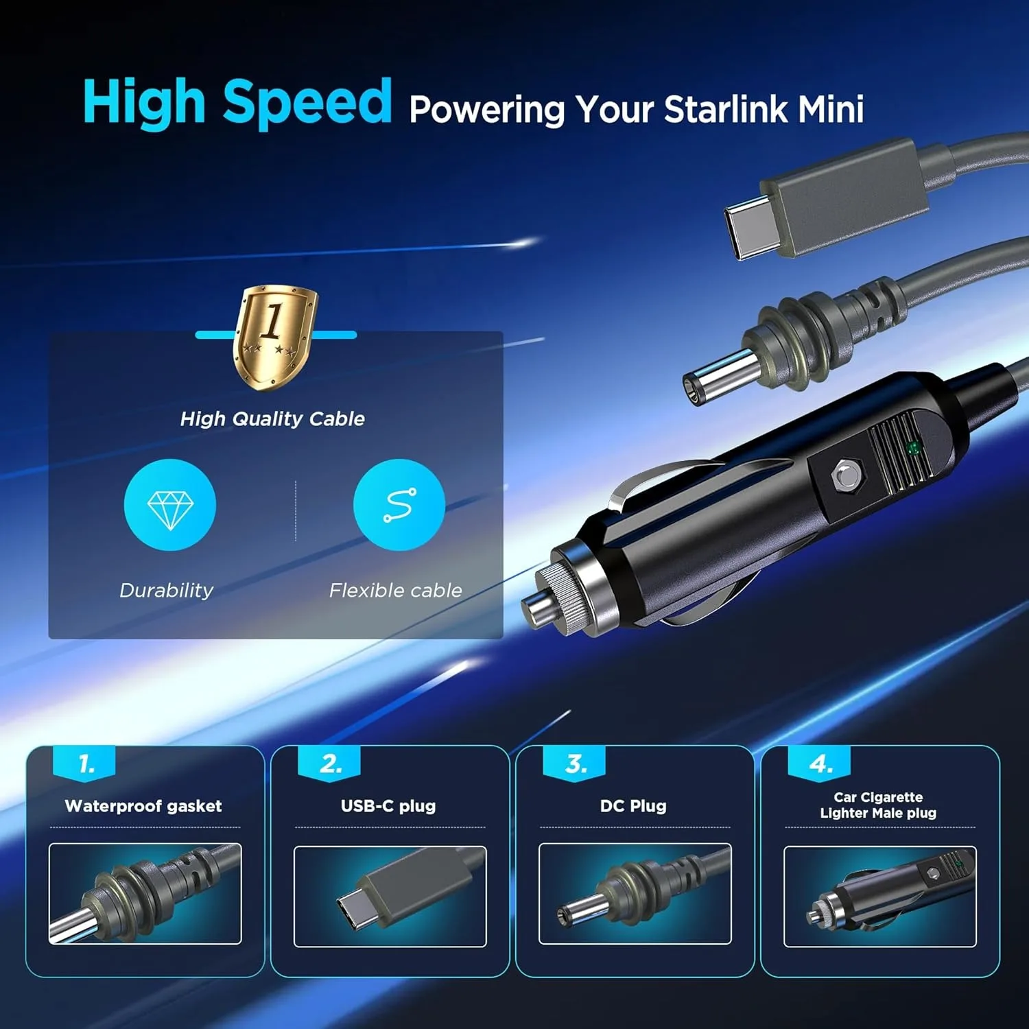 3 in 1 스타링크 미니 케이블, 고속 USB C/차량용 충전기/DC-DC 교체 케이블 전원 케이블 액세서리