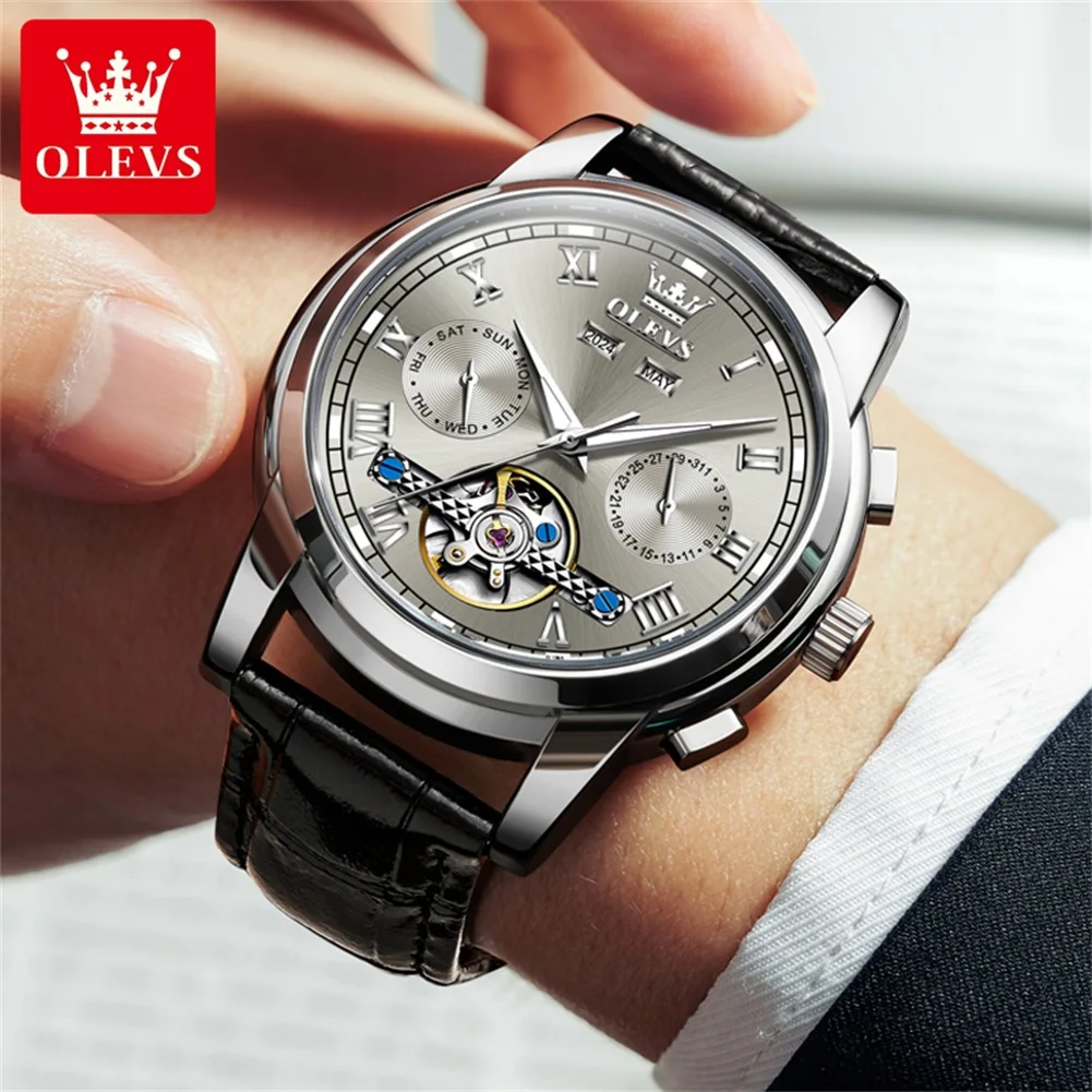 OLEVS 6607 Men Watches Tourbillon Dial Dual Calendar Display Luxury Automatic Watch