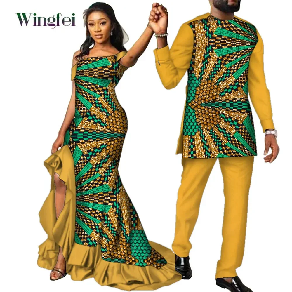 Fashion Couple Clothes African Ankara Print Women Maxi Long Dresses and Men Dashiki Suit African Clothes Lovers Outfit WY567