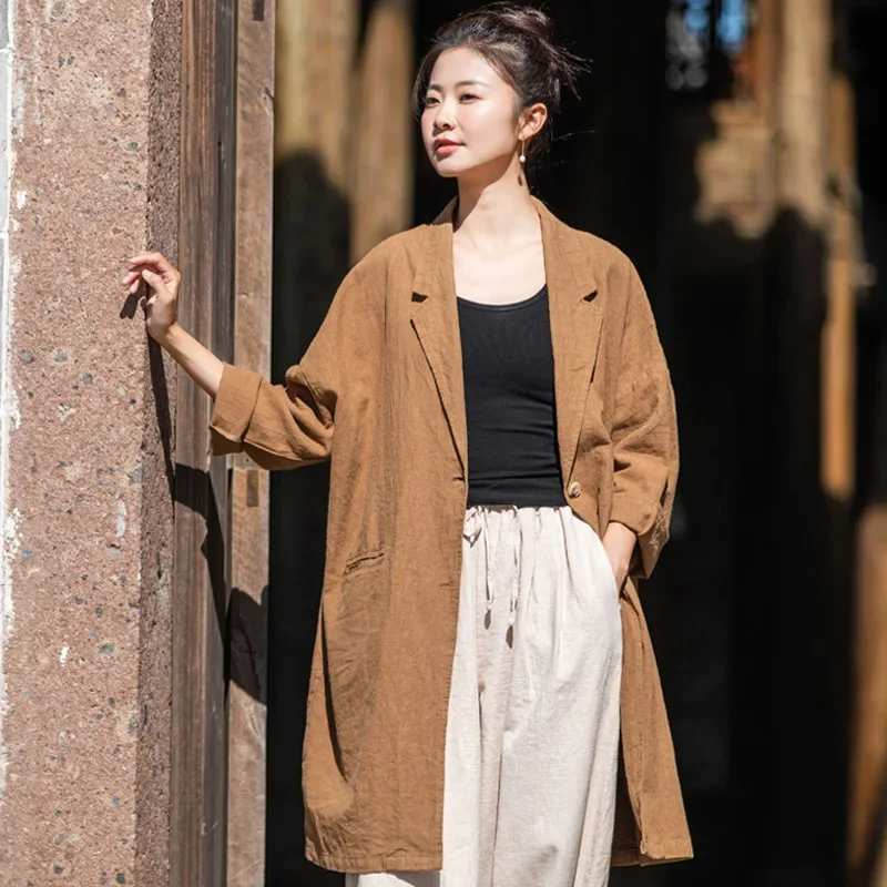 

Spring Cotton Linen Women's Long Blazer Feminino Jacket 2022 New Loose Vintage Female Outerwear Chic Tops Lady Long Suit Casaco