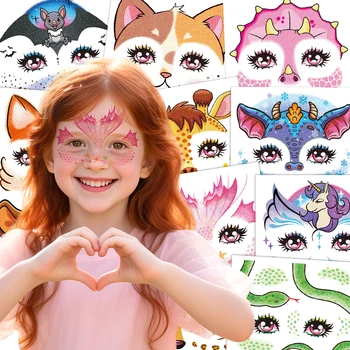 10 Sheets Glitter Animal Face Tattoo For Kids Kylin Unicorn Fox Temporary Tattoo Sticker Party Makeup Stickers Body Paint Tattoo 1