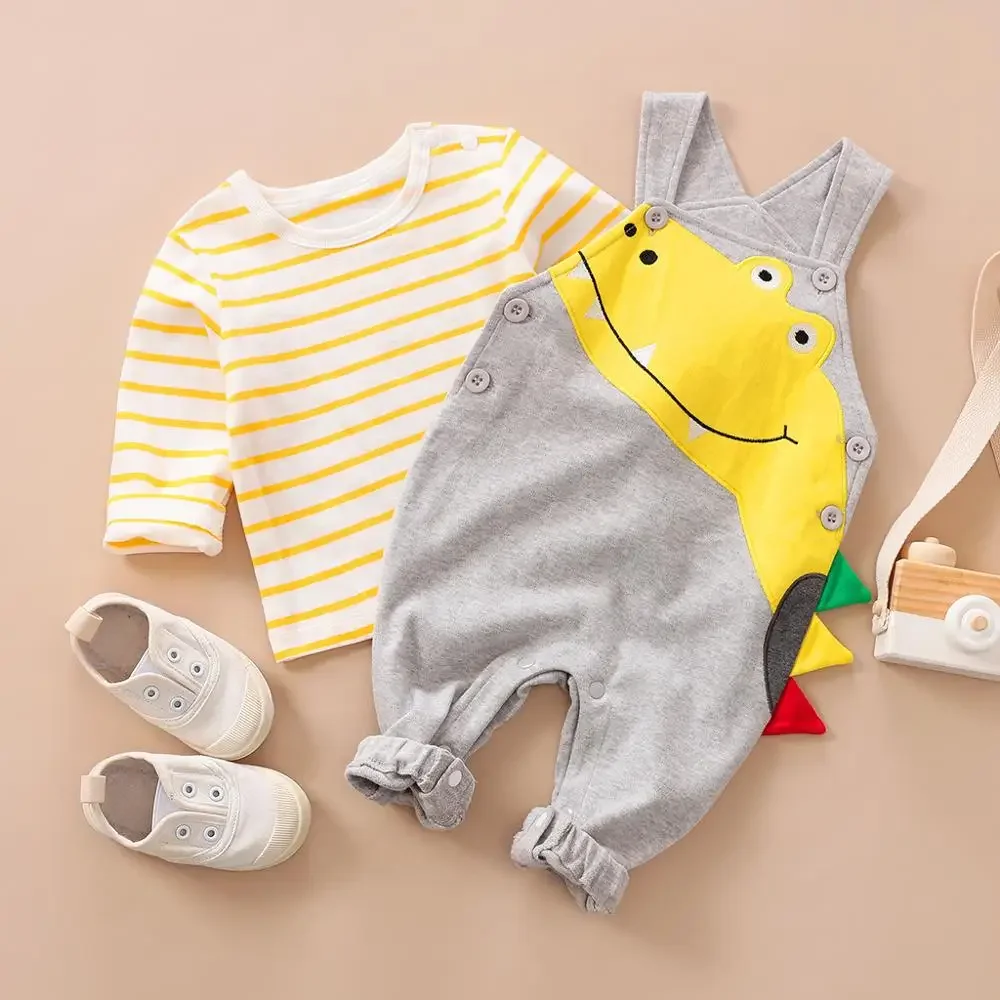 

100% Cotton Dinosaur Toddler Infant Boys 2 Piece Outfits Long Sleeve Bodysuit and Pant Baby Boy Clothes Set for Children