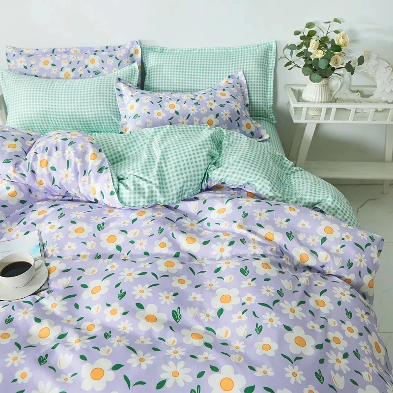 Ins Pastoral Style Green Floral Duvet Cover With Pillow Case Princess Bed Sheet Kids Girls Bedding Set King Queen Cute Kawaii