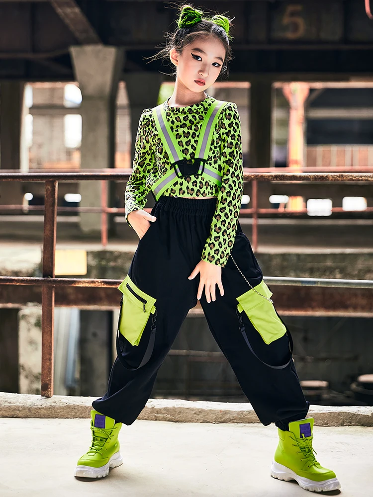 Hip Hop Dance Costumes Kids Green Tops Reflective Tape Cargo Pants