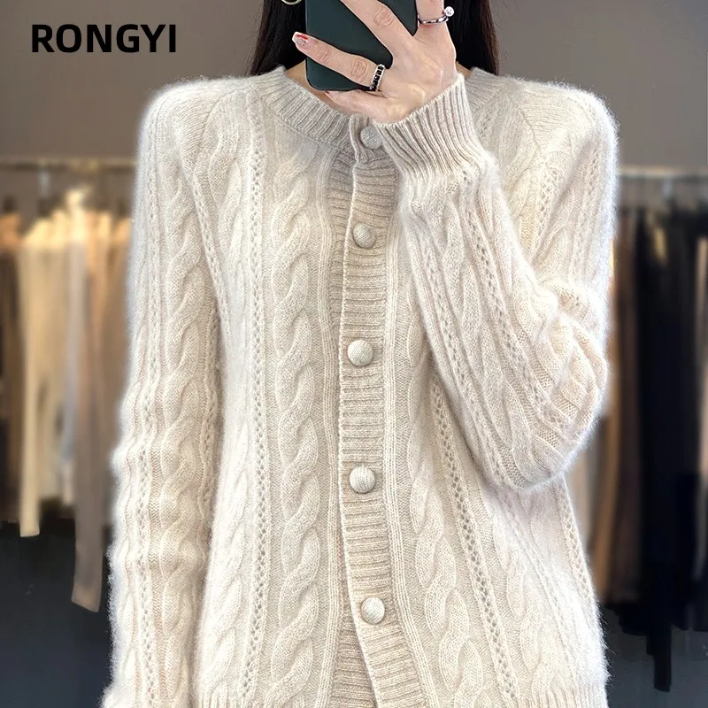 RONGYI 100% 울 캐시미어 가디건, 라지 사이즈 트위스트 코트, 하이엔드 니트웨어, 스웨터 셔츠, 루즈한 여성 두꺼운 상의, 가을 겨울 신상