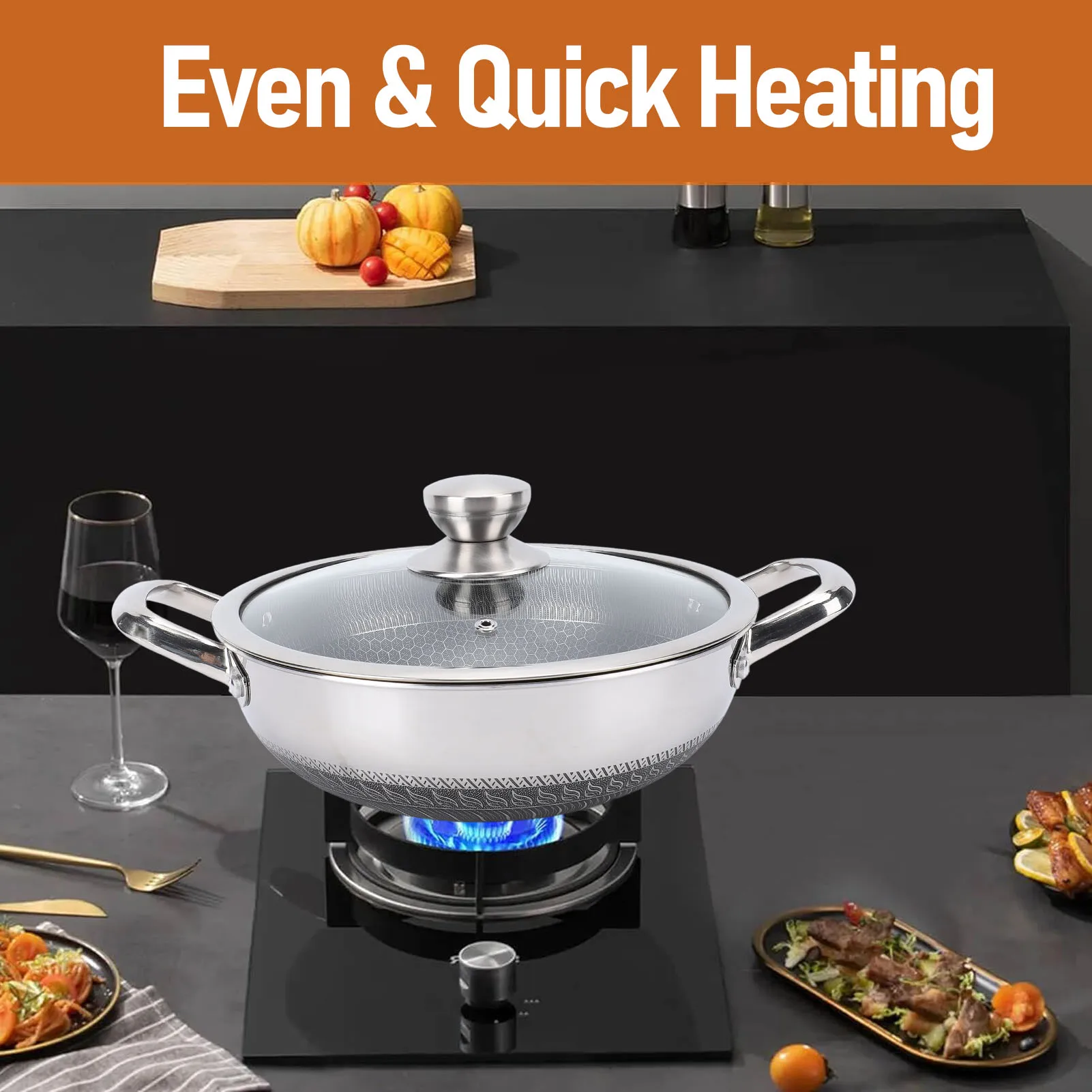 Nonstick Frying Pan Stainless Steel Fry Pan Honeycomb Effortless Food Release Fast Even Heating with Lid for Induction Stovetop