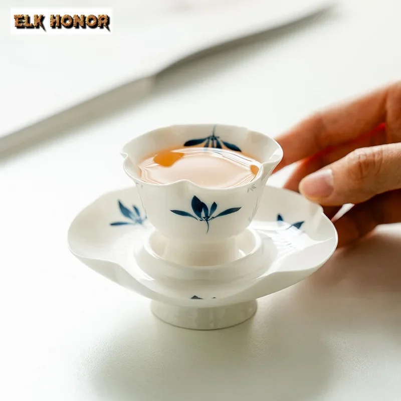 45ml Pure Hand-painted Butterfly Orchid Set of Cups Small Petal Set Cup with Coaster Holder Fragrance Master Cup Kung Fu Tea