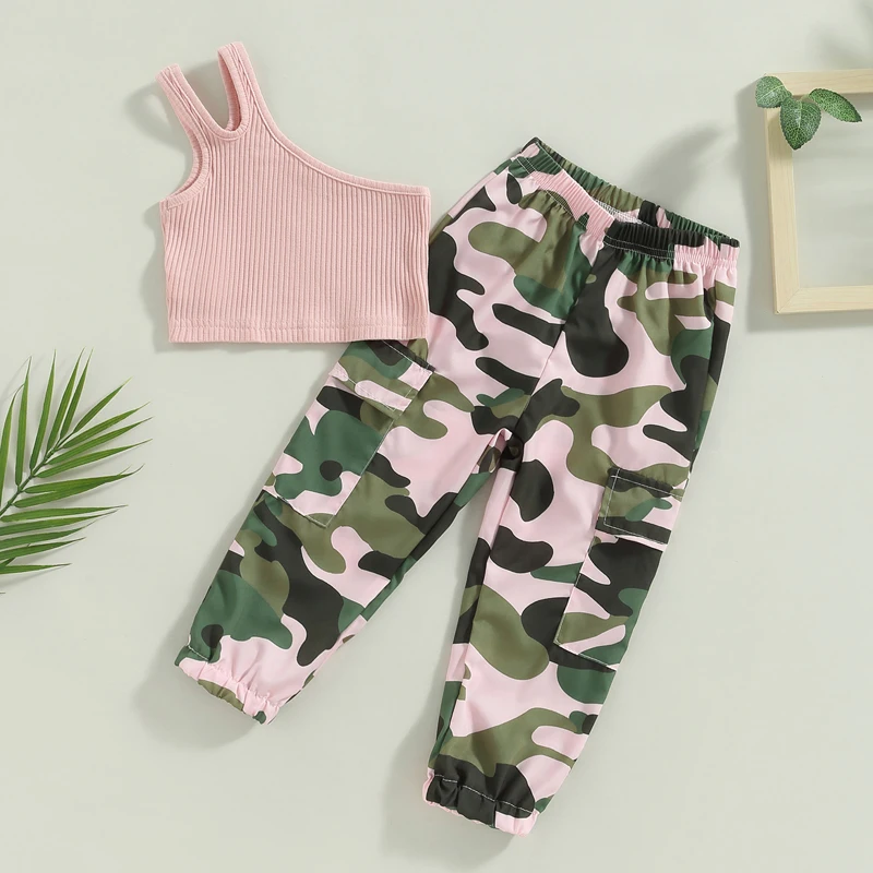 

1-6 Years Kids Girls Summer Clothes Set One Shoulder Ribbed Tank Tops + Cargo Camouflage Pants 2023 New Children's Clothing Sets