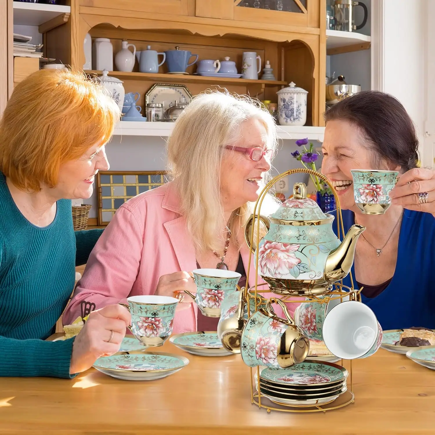 20 Pcs Porcelain Tea Set with Metal Holder Adult Ceramic Tea Party Set European Flower Cup Saucer for Adult Women