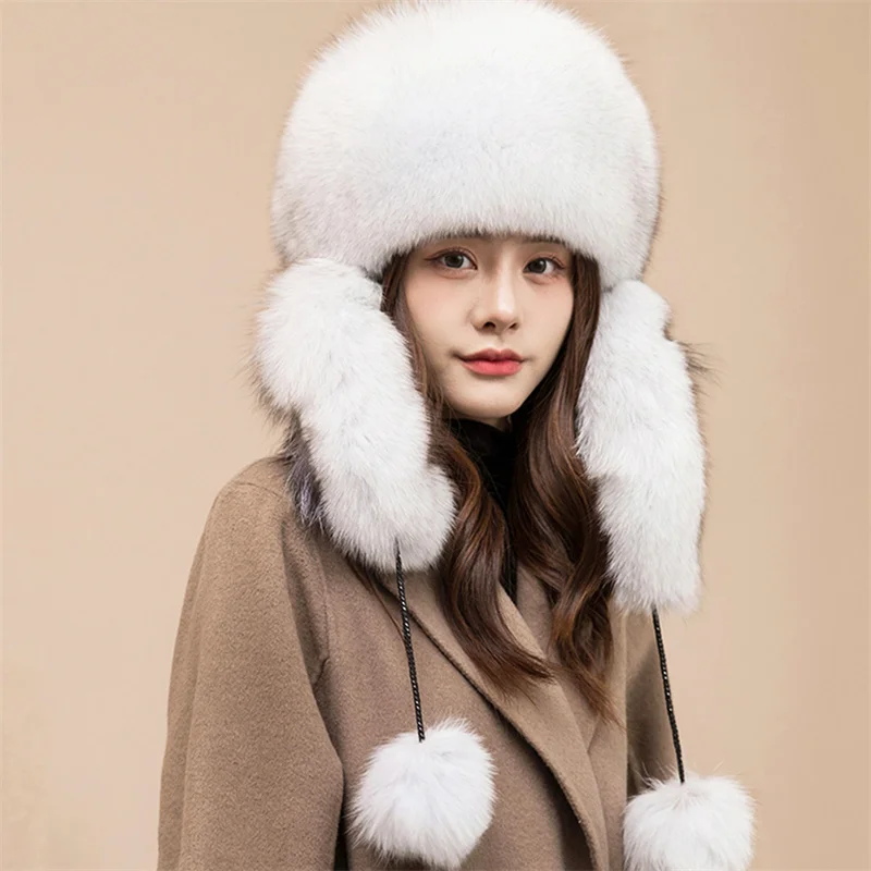 2022 100%  本物のキツネの毛皮の女性の帽子ロシアushankaアビエイタートラッパー雪スキー帽子耳介キャップ冬のアライグマの毛皮bomaber帽子