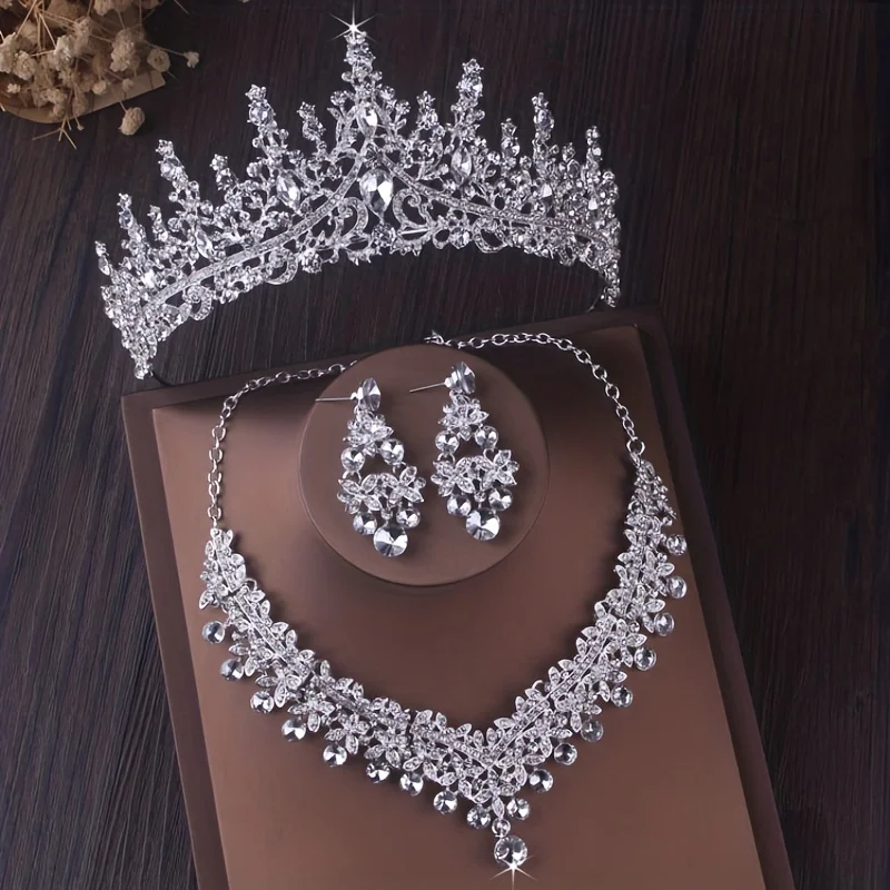 Bridal Jewelry Set 3Pcs Regal Bridal Crown and Jewelry Set in Silver-Plating for Weddings & Gifts