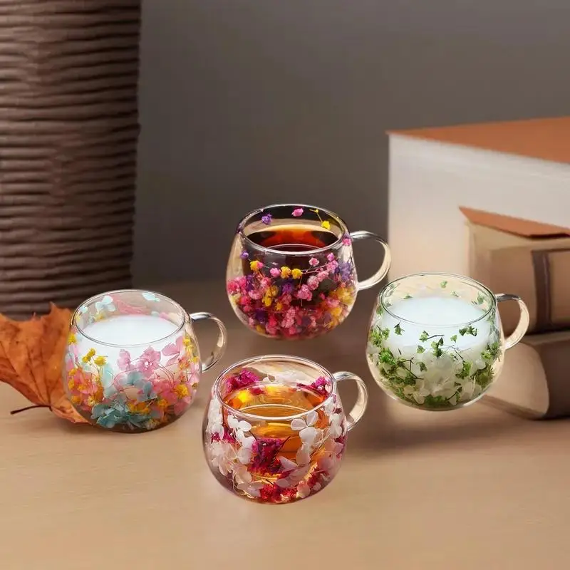 Elegant Double-Layer Glass Cup with Dried Flower Embellishment, Heat-Resistant