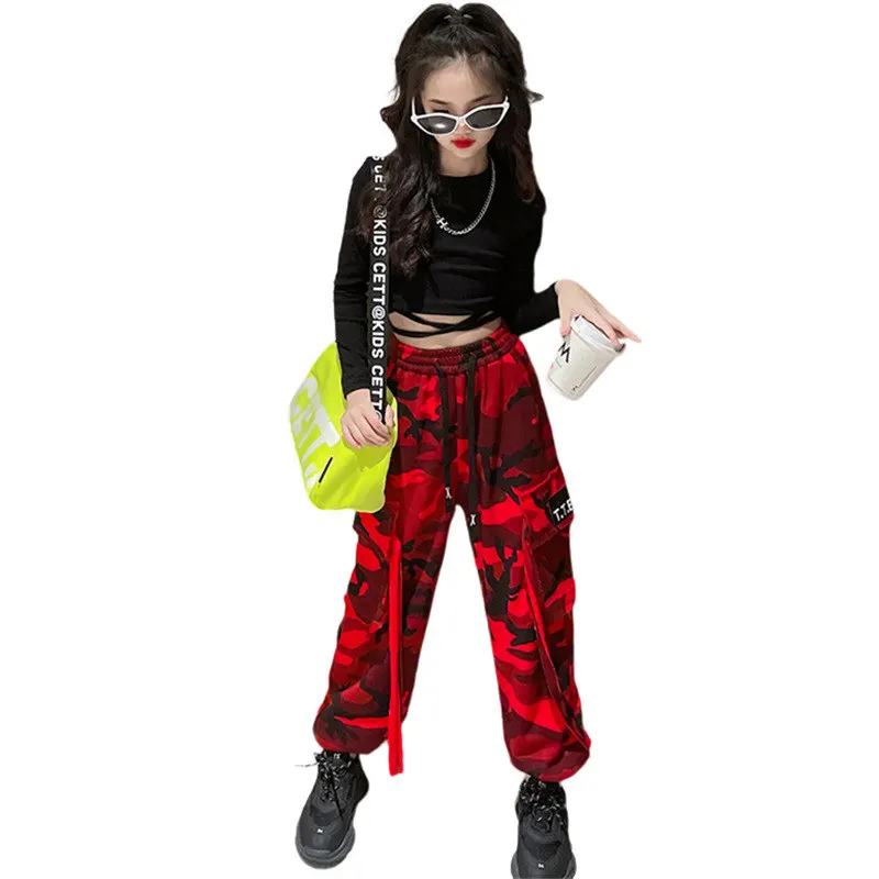 

Teen Girls New Autumn Clothing Sets Streetwear Bandage Top+Cargo Pants with Camouflage Pattern 2PCS Fashion Kids Spring Outfits