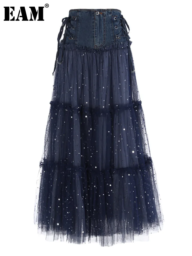 

[EAM] High Waist Navy Blue Denim Bandage Mesh Sequins A-line Half-body Skirt Women Fashion Tide New Spring Autumn 2024 1DH4128