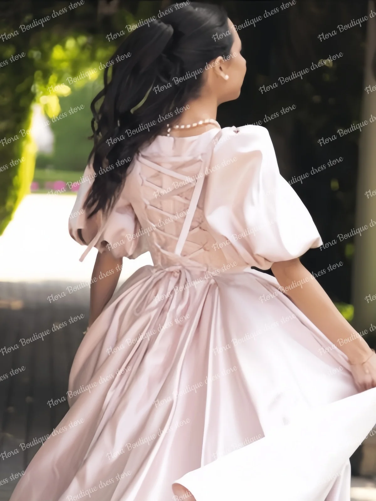 Women's Pink Bridesmaid Dresses for Wedding High Neck Bishop Sleeve Prom Dress Floor Length Custom Satin Communion Evening Gown - 3