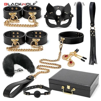 BLACKWOLF BDSM Bondage Kits Genuine Leather Restraint Set Handcuffs Collar Gag Vibrators Sex Toys For Women Couples Adult Games 1