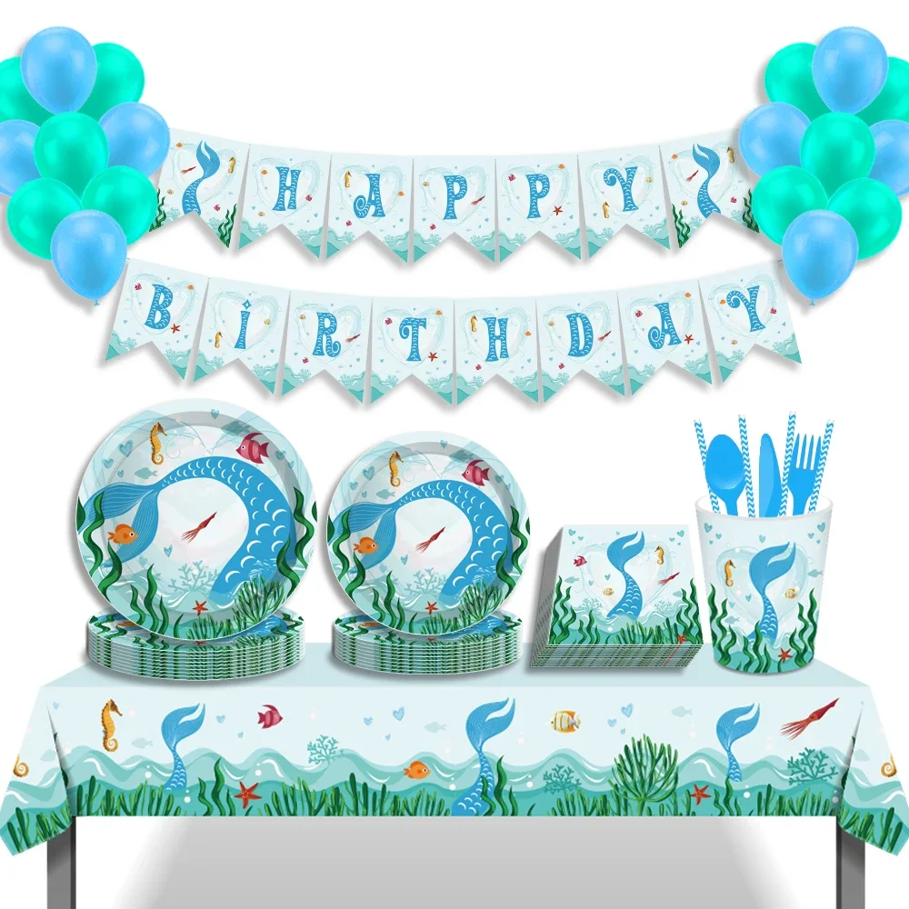 

Cartoon Animal Underwater World Sea Mermaid Birthday Party Disposable Tableware Sets Plates Banner Baby Shower Party Decorations