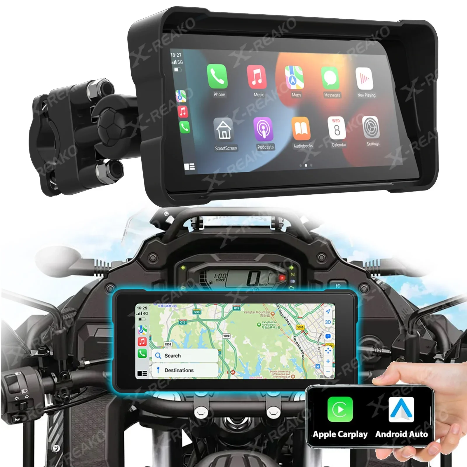 X-REAKO 6.86-inch Motorcycle GPS Player IPX7 Waterproof Carplay Android Auto Mirror link Supports Bluetooth Headset/Helmet