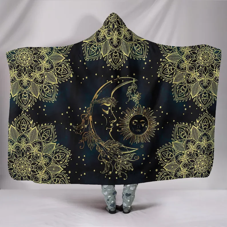 Coperta Con Cappuccio Golden Mandala Sun And Moon-Spiritual Light Dark Nature, Rising Sun, Bohemian Cozy Throw, Morbida Coperta Indossabile