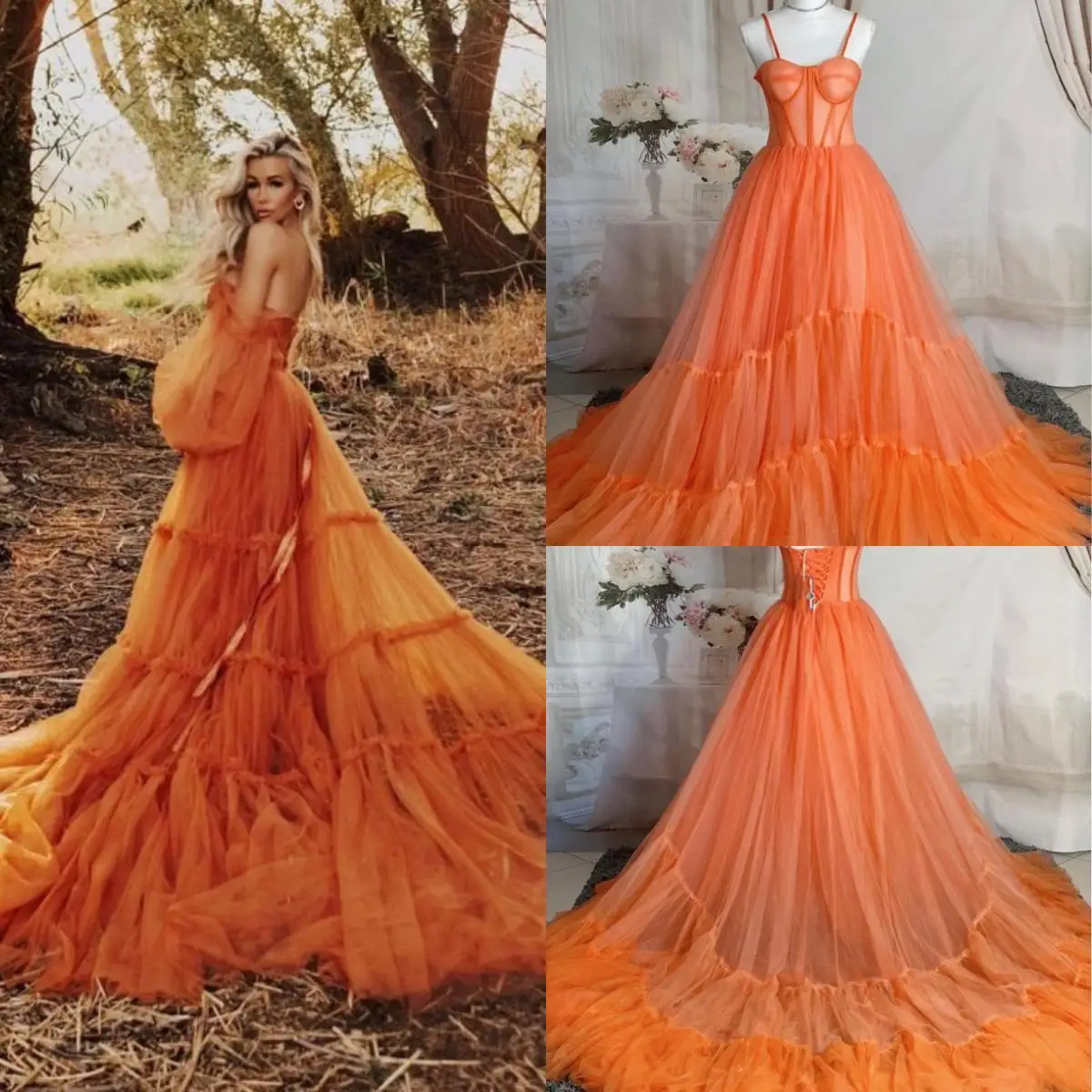 

14534#Orange Tulle Maternity Gowns for Photograghy Custom Made Corset Maternity Dress Photo Shoot Off Shoulder Pregnancy Dresses