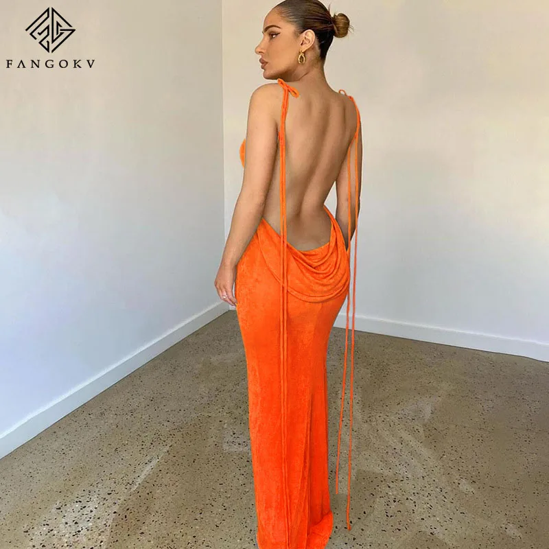 

Backless Maxi Dress Sexy Orange Spaghetti Strap Slim Dress For Women Long Club Party Beach Dress Summer Blue Outfits 2022 New