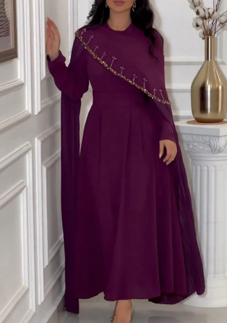 

Purple Elegent A-Line Prom Dresses Long Sleeves Ankle-Length Gold Beads Sequins Pleated Formal Occasion Prom Dresses Party Gown