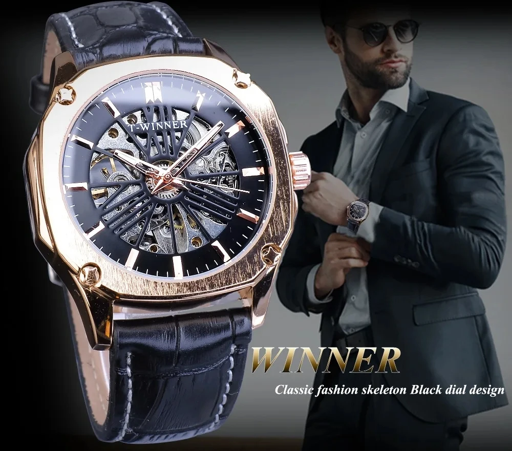 

WINNER 1153 Men's Watches Fashion Hollow Tourbillon Genuine Leather Strap Waterproof Luminous Mechanical Watch for Men