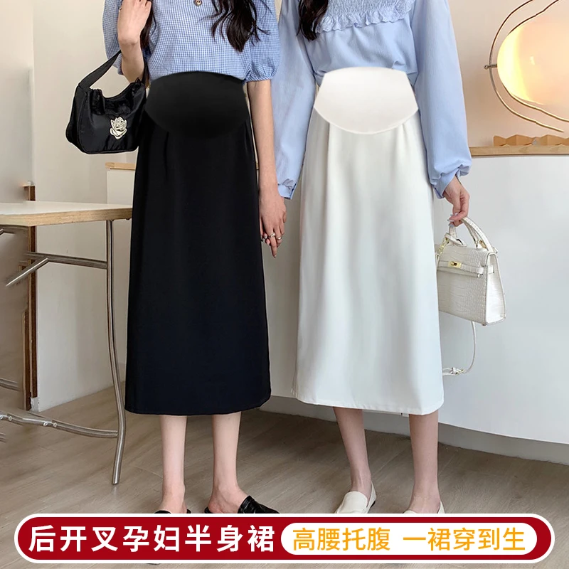 Korean Style Summer Solid Color Maternity Skirt Back Split High Waist Pregnant Woman Tailored Skirt Lady Elegant Formal Skirts