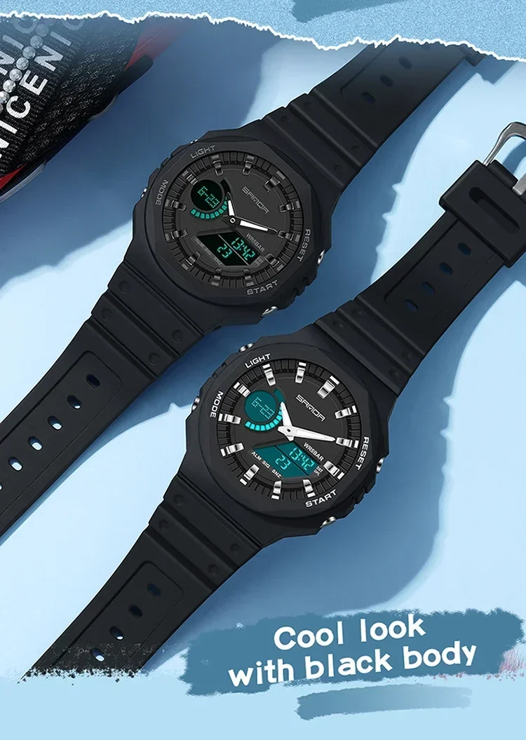 SANDA 6016 LED Dual Display Digital Mens Wristwatches Waterproof Military Luxury Sport Quartz Watch for Men Shockproof Countdown