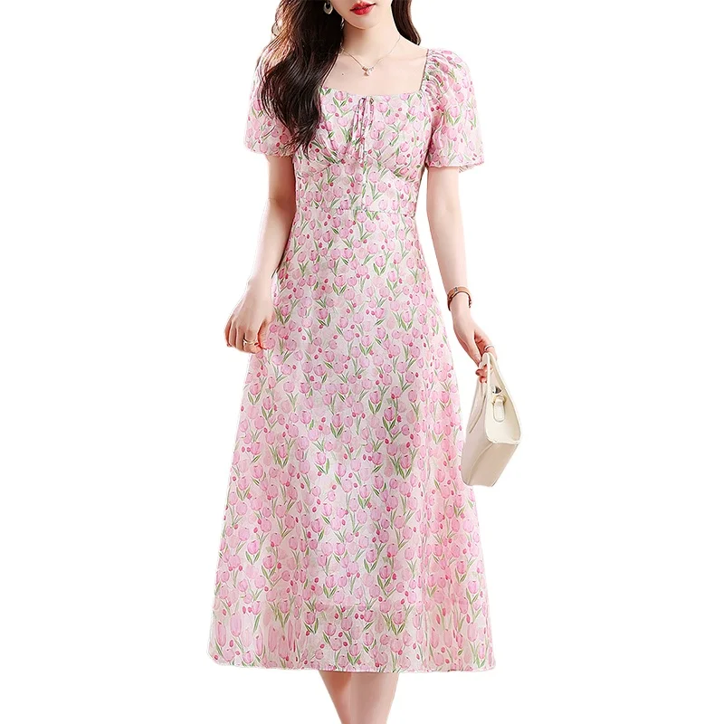 

New Popular Tulip Flower Office Lady Chiffon Dress Women A-Line Summer Casual Dresses Short Puff Sleeves Sweet Lolita Clothes