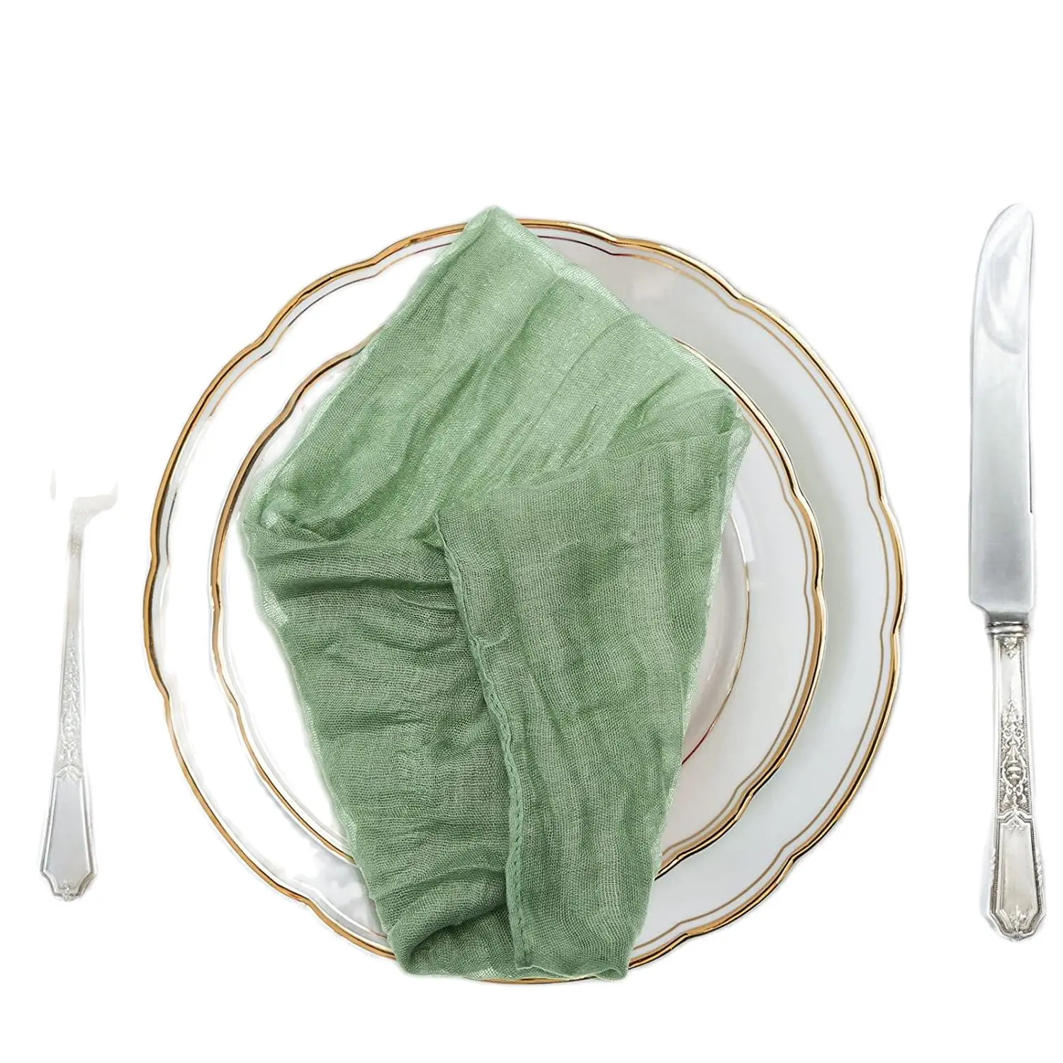 Description Picture 3 of item10PC Dark Green Gauze Cheesecloth Wrinkled Napkin Dinner Soft Cotton Table Decorative Cloth for Wedding Party Banquets Christmas
