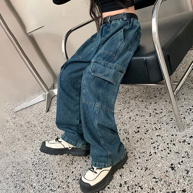 Spring Cowboy Children's Dress 5 6 7 8 9 10 Years Girls Pants Pockets Jeans  Letters Embroidered Denim Cargo Pants Student Girls - AliExpress