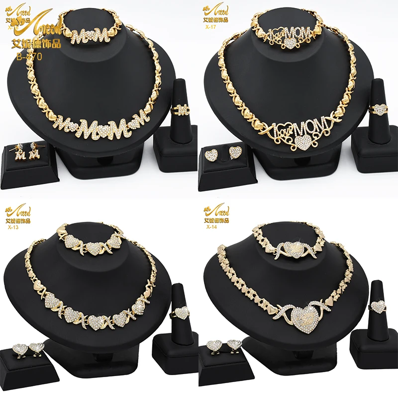 ANIID XOXO Heart Women Jewelry Necklace Set 18K Gold Color Bridal LOVE Rhinestone Wedding Necklace Earrings Set Party Gift