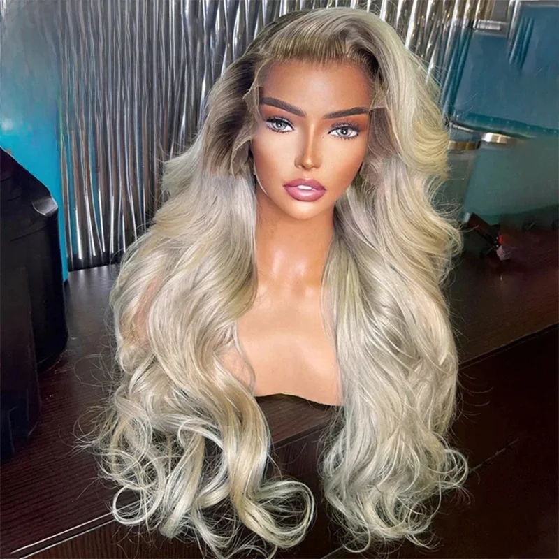 Human Women Hair Wigs Loose Body Wave Ombre Ash Blonde 13x6 HD Lace Frontal Wig Sale Icy White Shadow Lace Wig 180% Glueless
