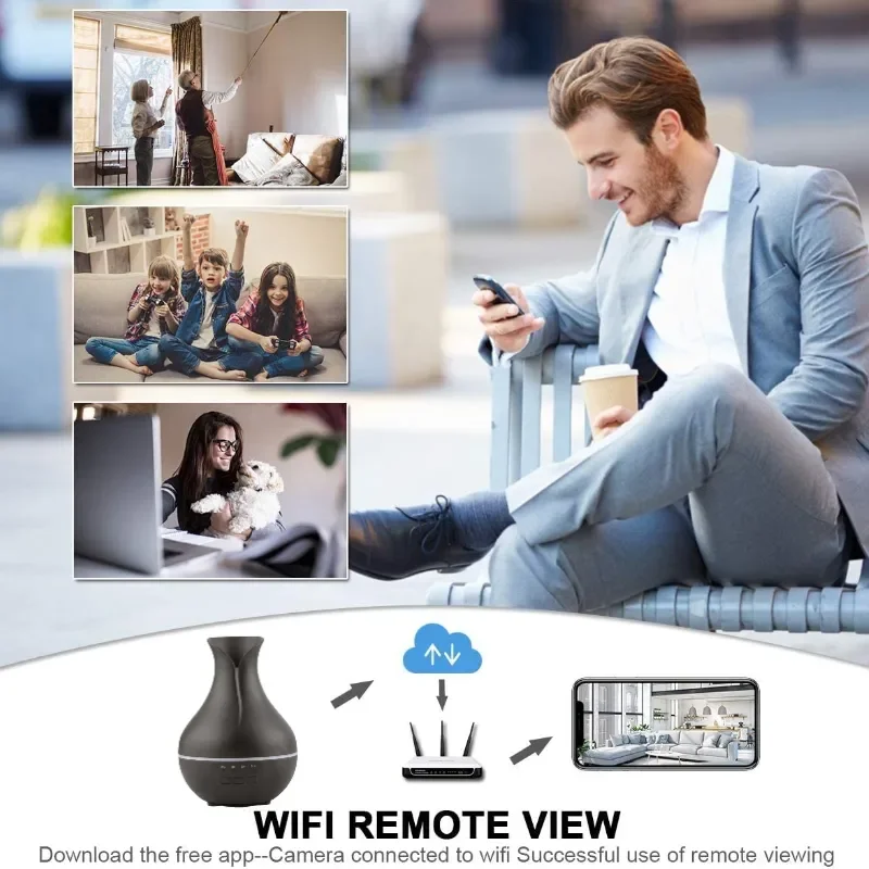 A man is sitting on a bench with a phone and a laptop, ensuring home security while monitoring through his smart WiFi Humidifier SpyCam.