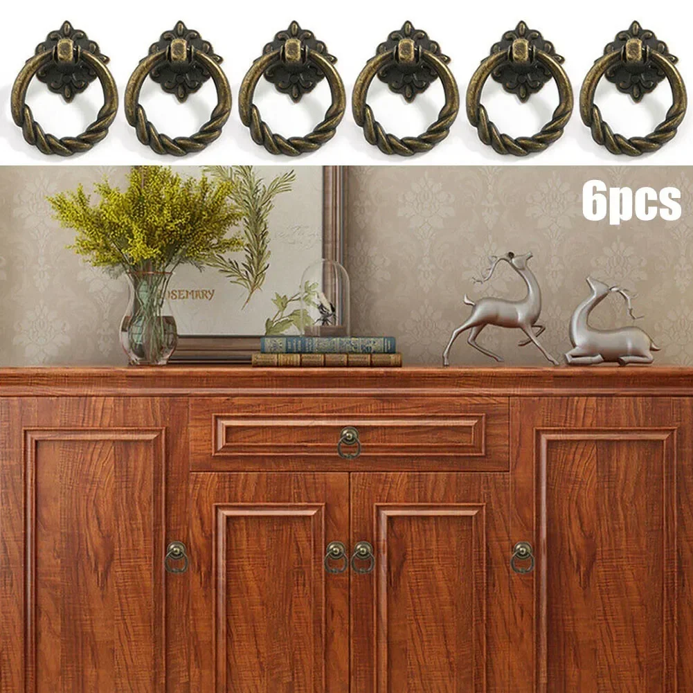 Retro Vintage Cabinet Door Handle Pulls Antique Copper Cupboard Ring Handles Chinese Brass Drawer Pulls Furniture Decor 6 PCS furniture handles kitchen door handles